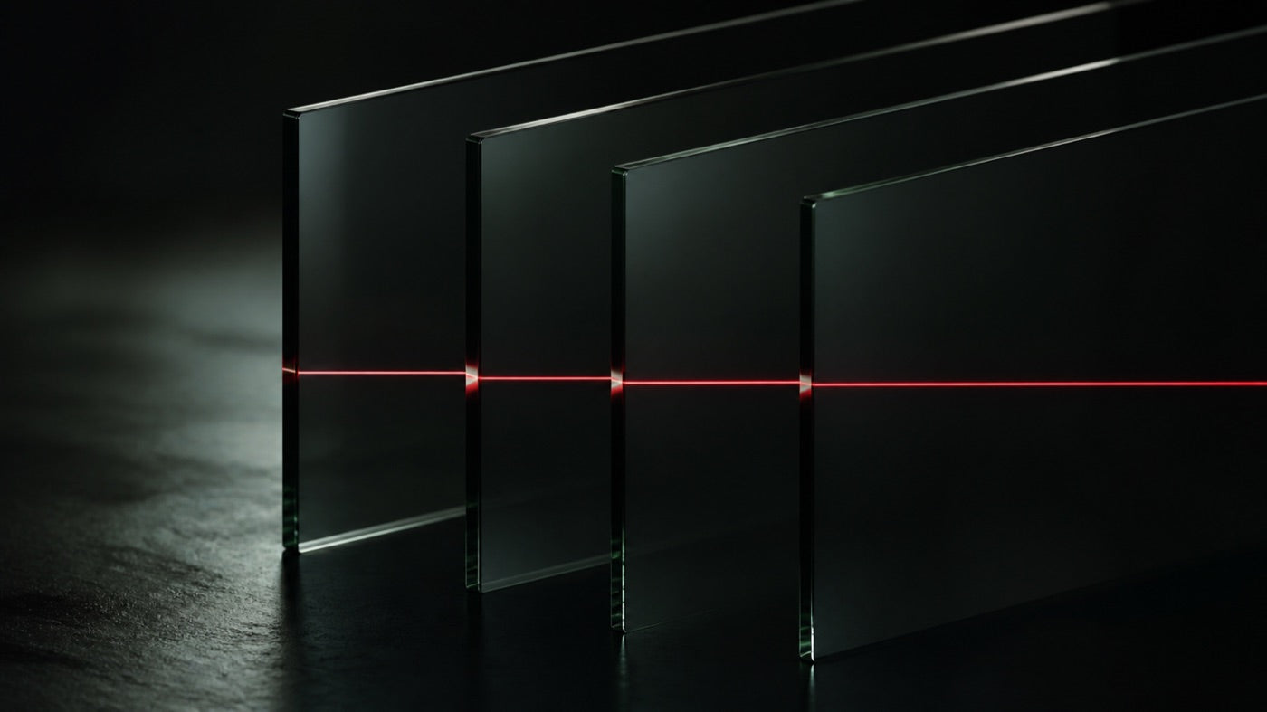 Single crimson thread of light running through layered dark glass