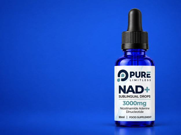 Pure Limitless NAD+ Sublingual Drops, 3000mg per 30ml bottle, on a cobalt blue background