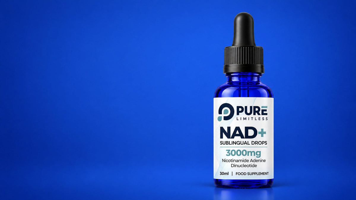 Pure Limitless NAD+ Sublingual Drops, 3000mg per 30ml bottle, on a cobalt blue background