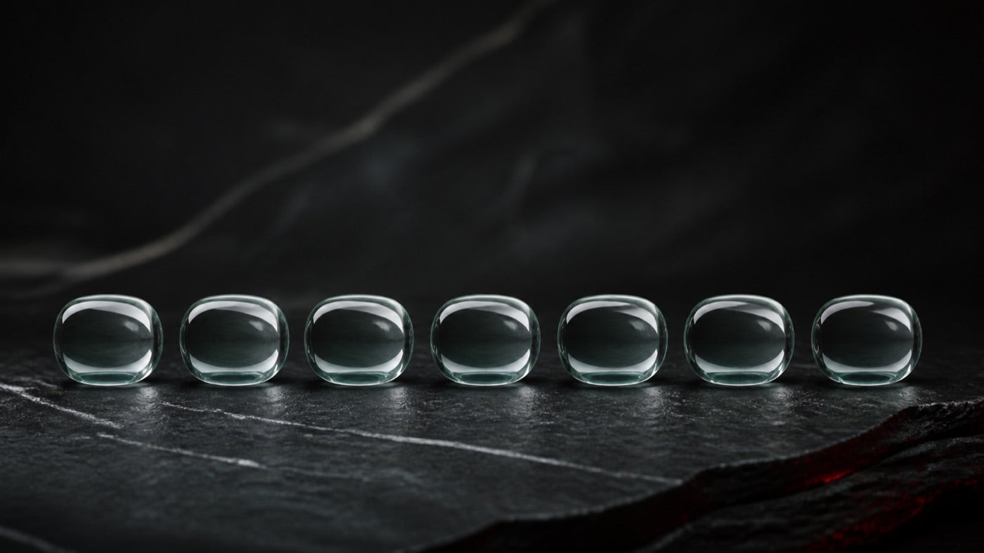 Seven identical glass forms arranged in an even row