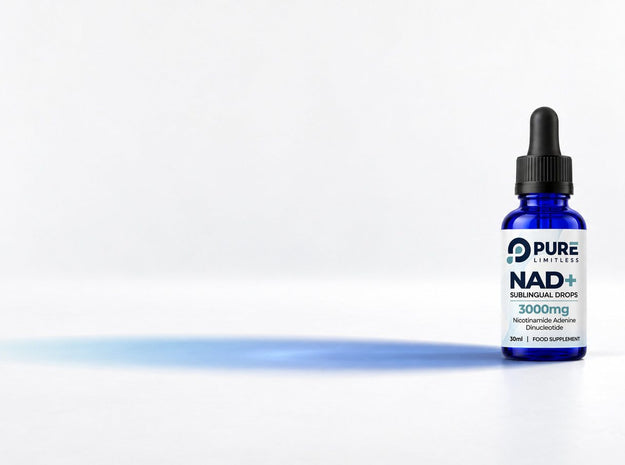 Pure Limitless NAD+ Sublingual Drops, 3000mg per 30ml bottle, on a white floor