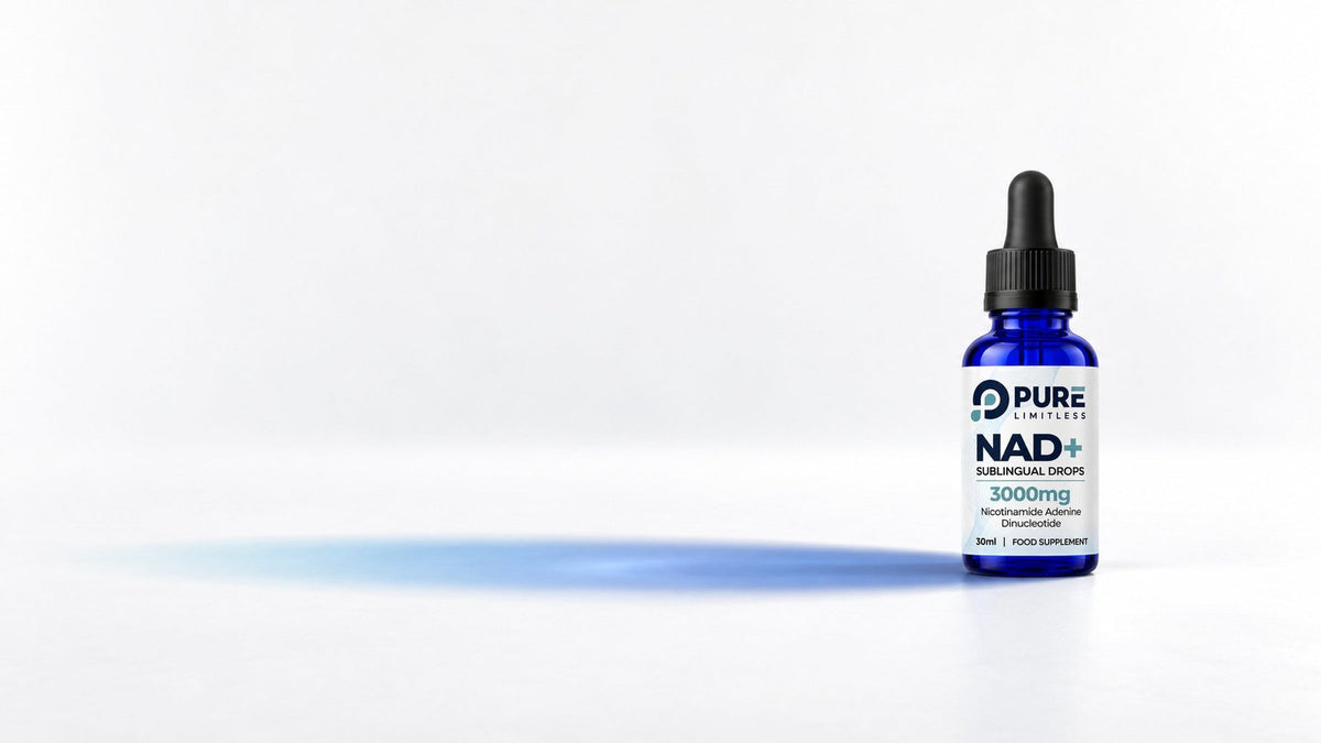 Pure Limitless NAD+ Sublingual Drops, 3000mg per 30ml bottle, on a white floor