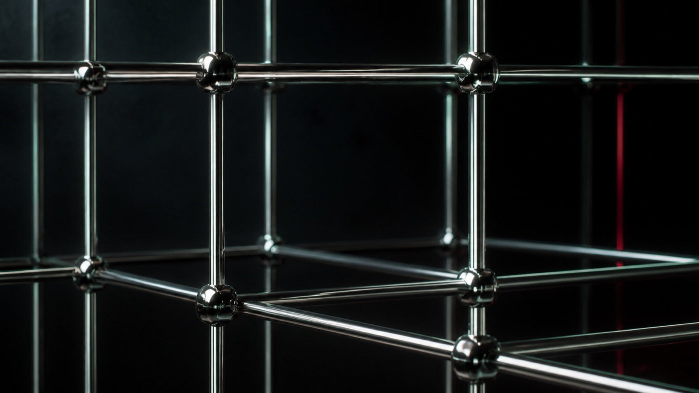 Precise chrome framework forming a rigid grid against dark space
