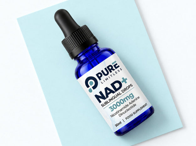 Pure Limitless NAD+ Sublingual Drops, 3000mg per 30ml bottle, lying on a pale aqua card