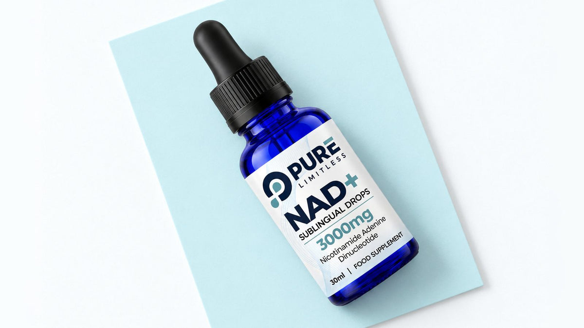 Pure Limitless NAD+ Sublingual Drops, 3000mg per 30ml bottle, lying on a pale aqua card
