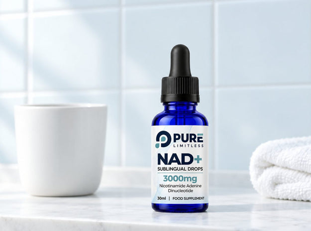 Pure Limitless NAD+ Sublingual Drops, 3000mg per 30ml bottle, on a white shelf