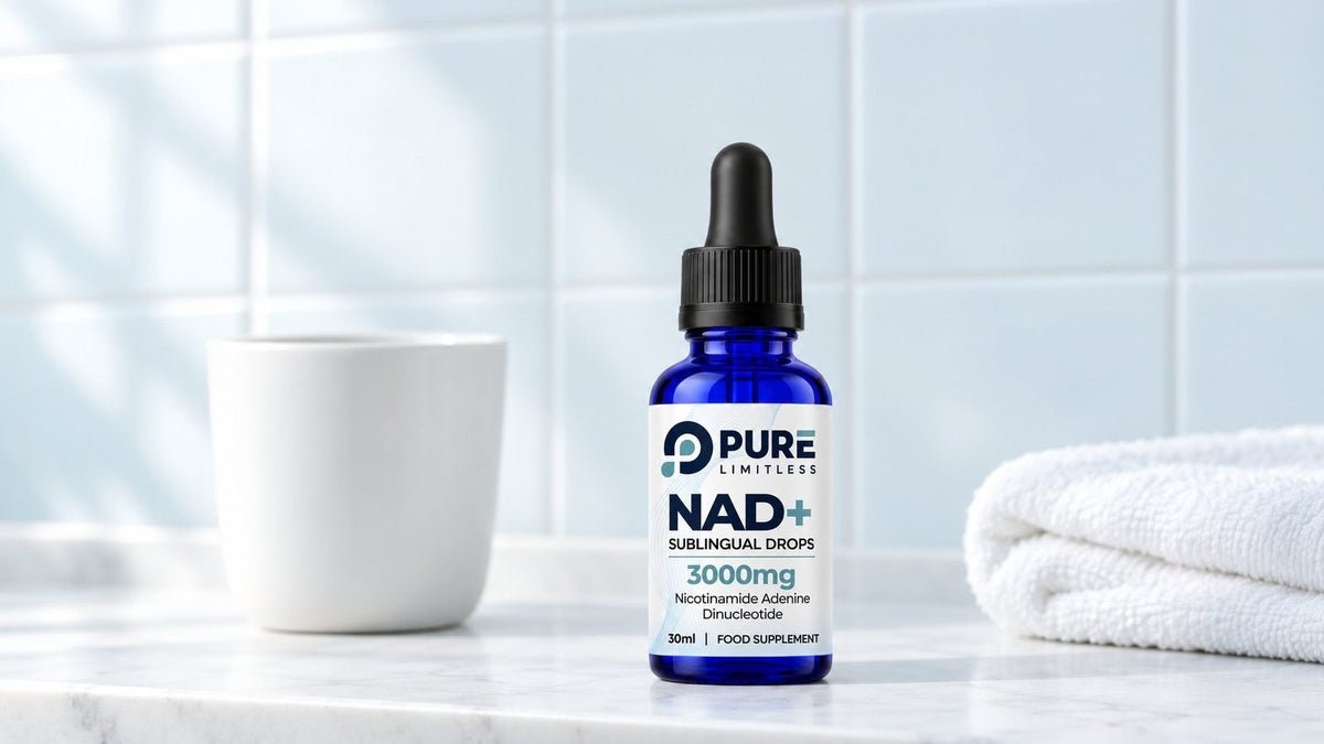 Pure Limitless NAD+ Sublingual Drops, 3000mg per 30ml bottle, on a white shelf
