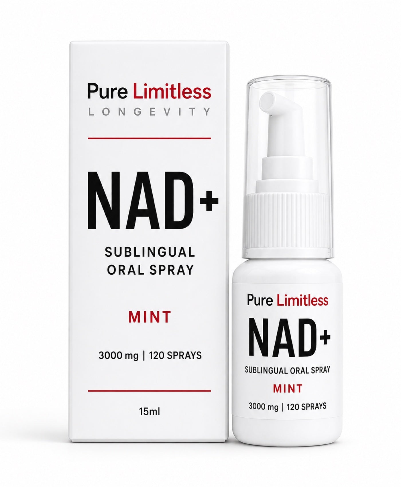 Pure Limitless NAD+ sublingual oral spray, mint, 15ml bottle and carton, 3000mg and 120 sprays