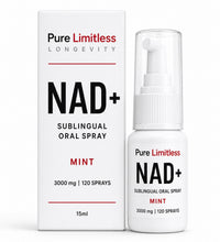 Pure Limitless NAD+ sublingual oral spray, mint, 15ml bottle and carton, 3000mg and 120 sprays