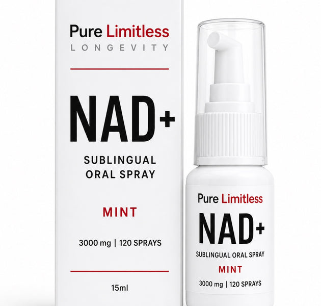 Pure Limitless NAD+ sublingual oral spray, mint, 15ml bottle and carton, 3000mg and 120 sprays