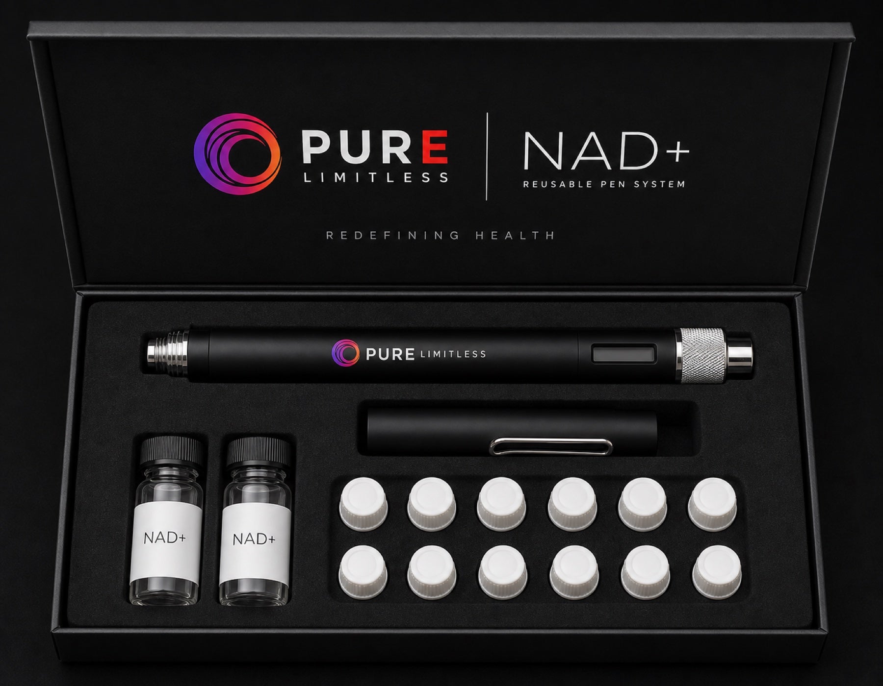 Pure Limitless NAD+ Reusable Pen System open presentation box showing the injector applicator, protective cap, two NAD+ vials and twelve capped needle tips