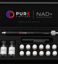 Pure Limitless NAD+ Reusable Pen System open presentation box showing the injector applicator, protective cap, two NAD+ vials and twelve capped needle tips