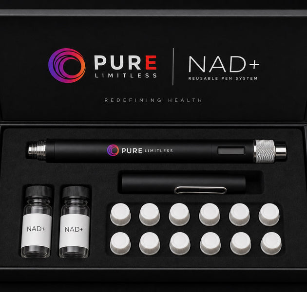 Pure Limitless NAD+ Reusable Pen System open presentation box showing the injector applicator, protective cap, two NAD+ vials and twelve capped needle tips
