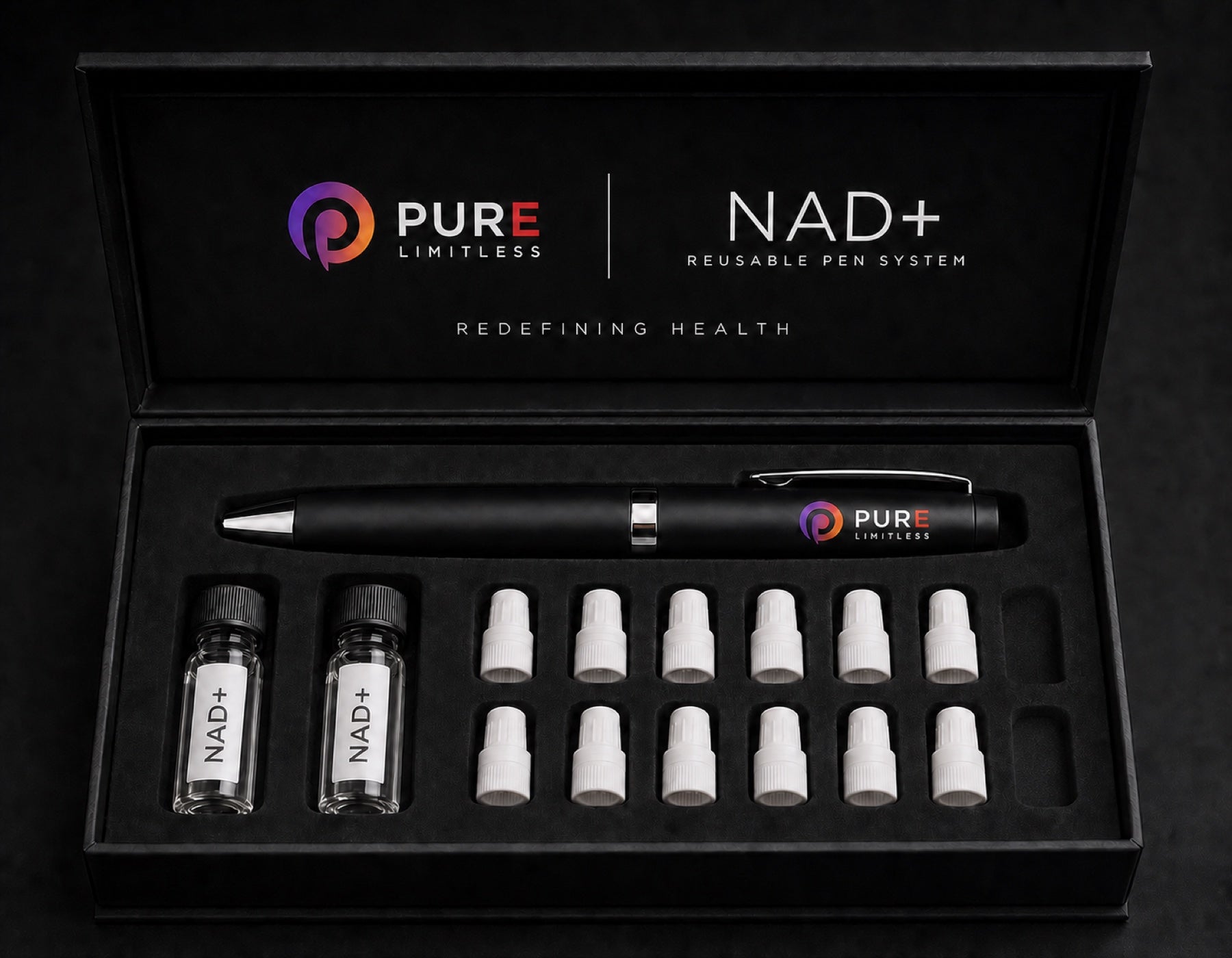 Pure Limitless NAD+ Reusable Pen System presentation box open, showing the pen, two NAD+ vials and twelve capped needle tips