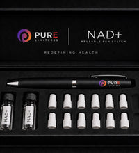 Pure Limitless NAD+ Reusable Pen System presentation box open, showing the pen, two NAD+ vials and twelve capped needle tips