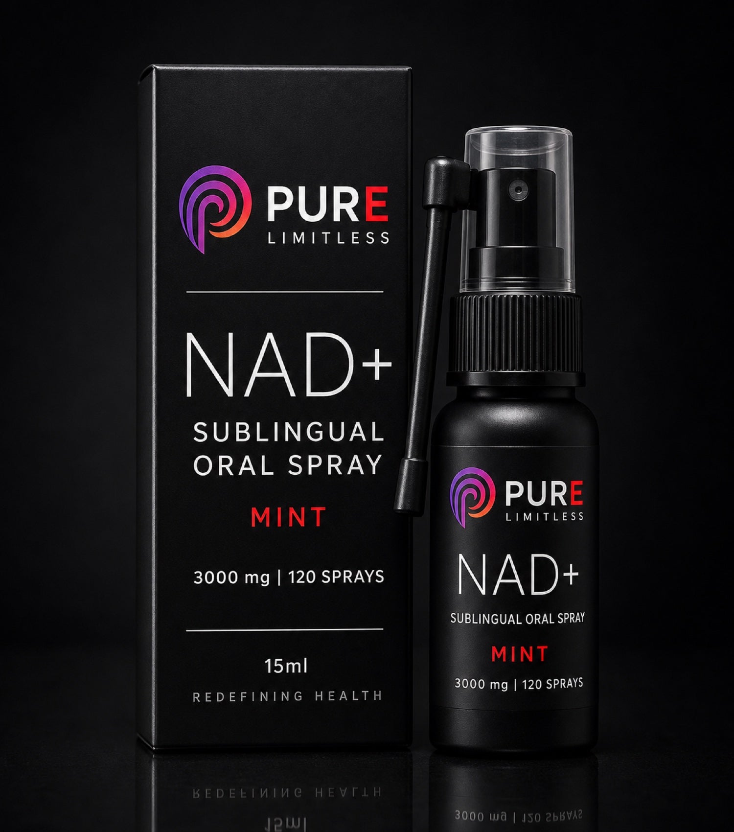 Pure Limitless NAD+ sublingual oral spray, mint, matte black 15ml bottle and carton, 3000mg and 120 sprays