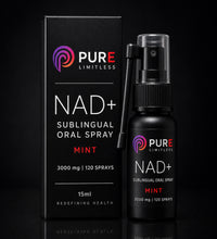 Pure Limitless NAD+ sublingual oral spray, mint, matte black 15ml bottle and carton, 3000mg and 120 sprays