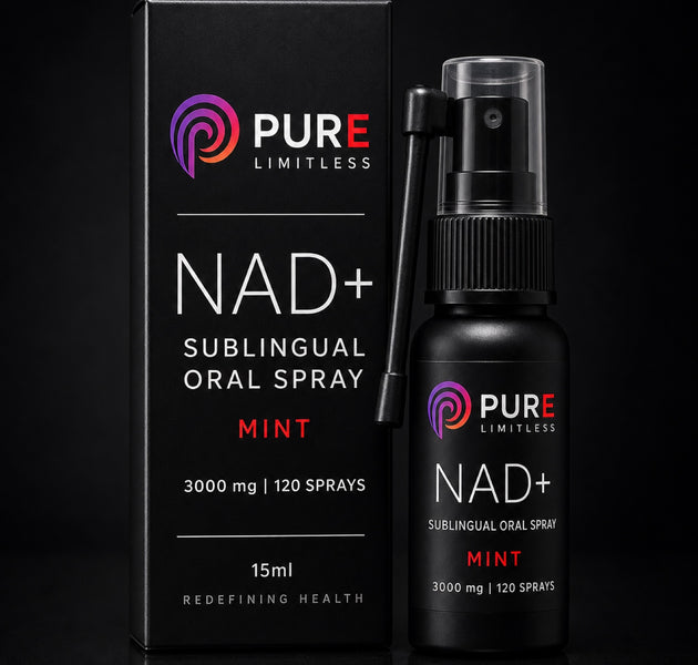 Pure Limitless NAD+ sublingual oral spray, mint, matte black 15ml bottle and carton, 3000mg and 120 sprays