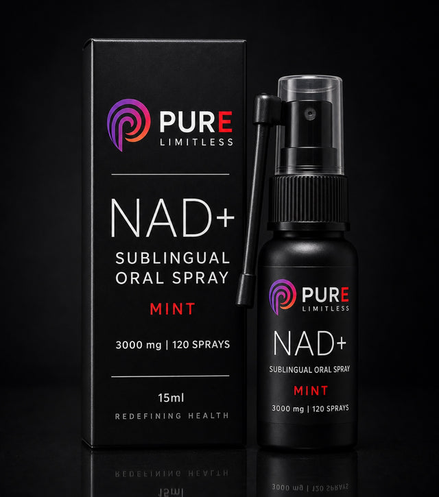 Pure Limitless NAD+ sublingual oral spray, mint, matte black 15ml bottle and carton, 3000mg and 120 sprays