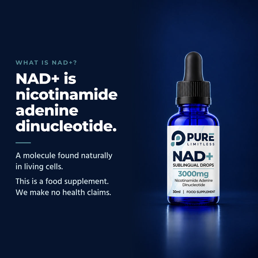 What is NAD+: nicotinamide adenine dinucleotide, a molecule found naturally in living cells, with the bottle on a navy background